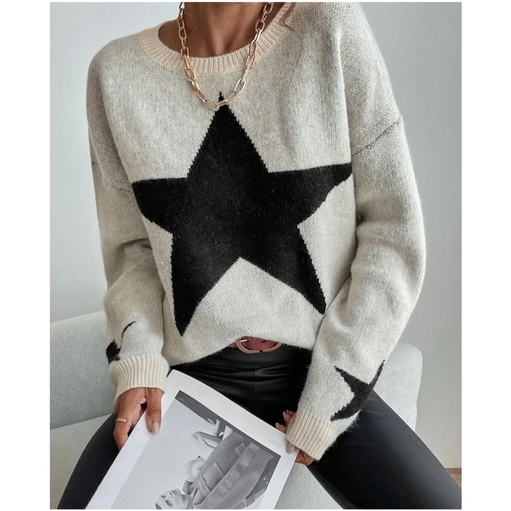 Cozy Star Print Knit Oversized Sweater Top - Picture 6 of 7